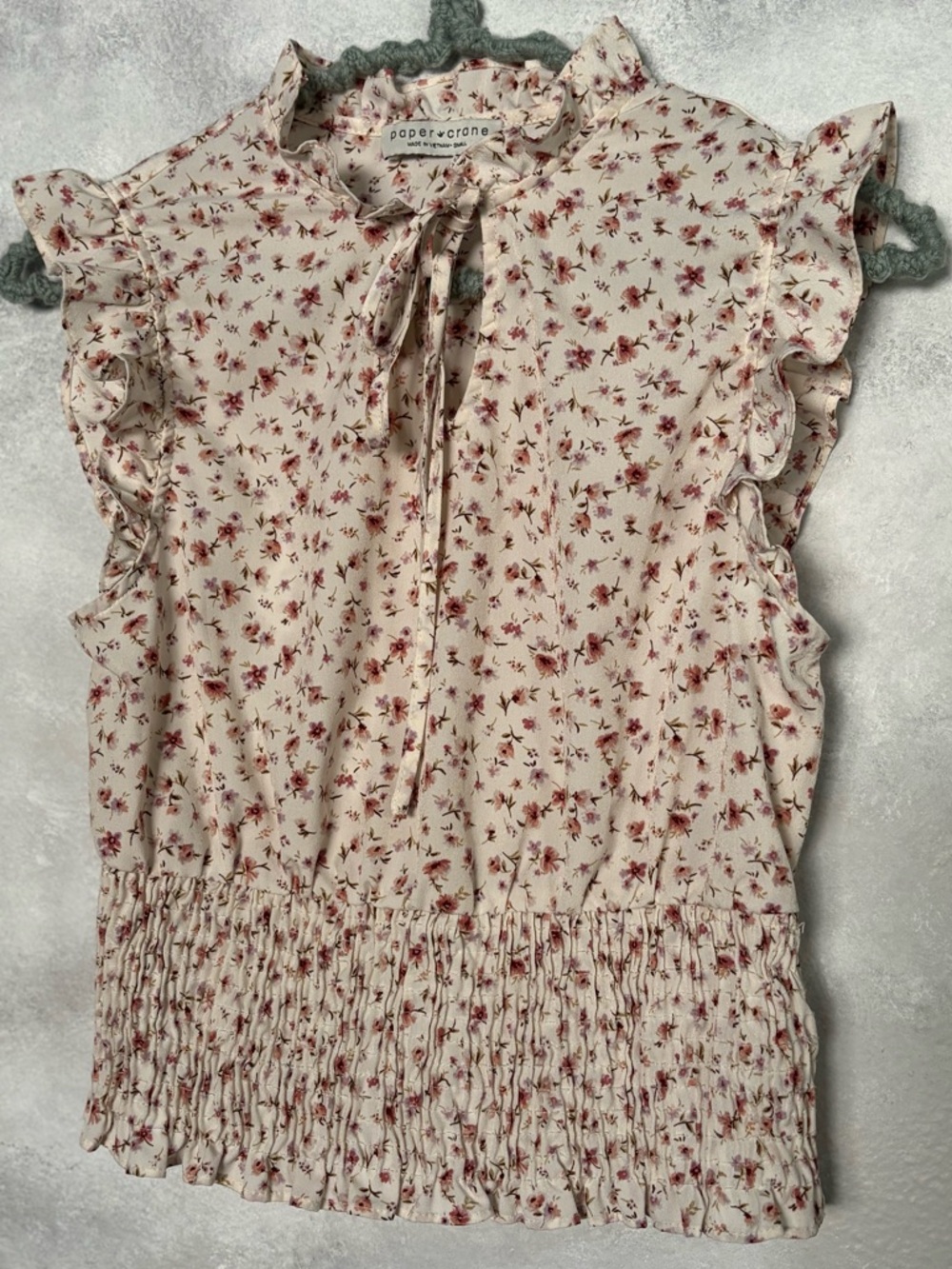 Paper Crane Floral Ruffle Smocked Sleeveless Blouse Cream & Pink Small Boho Top